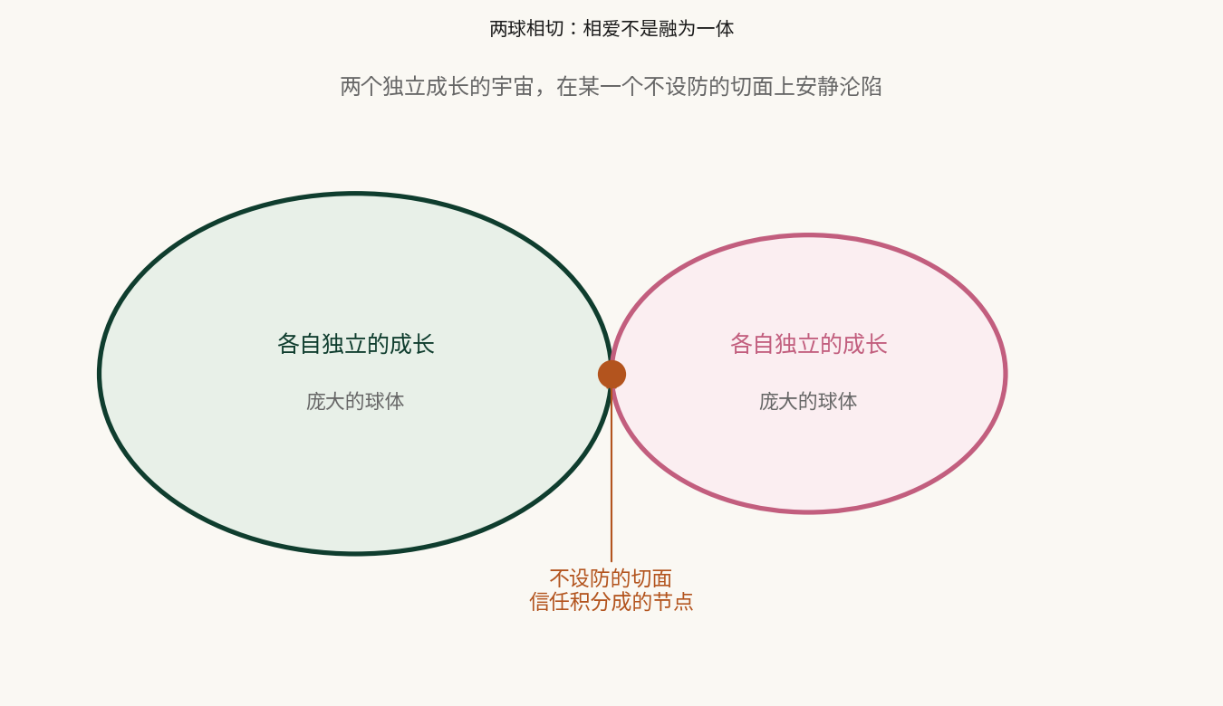 接触面很小(不设防的切面),球体各自庞大(独立的成长)—— 示意图