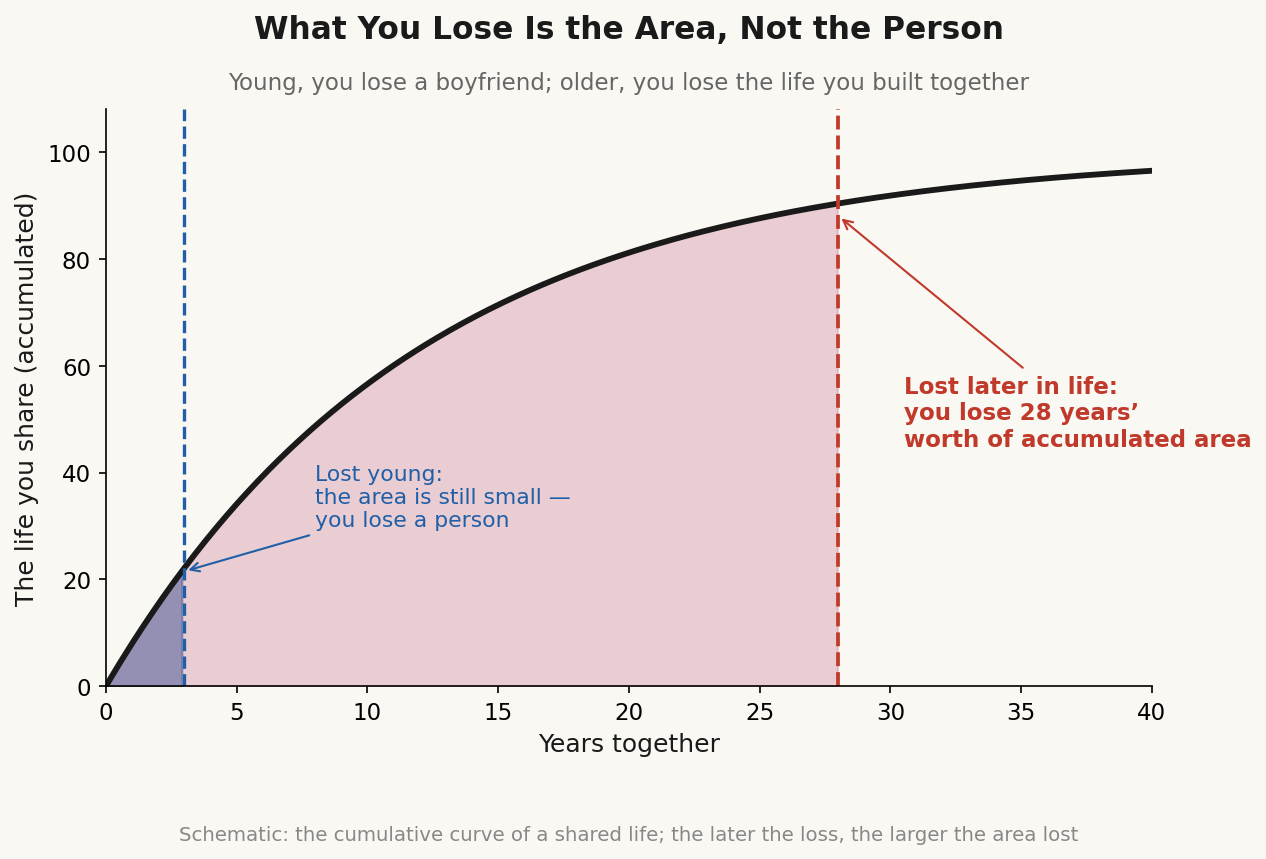 The cumulative curve of a shared life: losing young, the area is still small; losing later in life, you lose decades of accumulated area — schematic