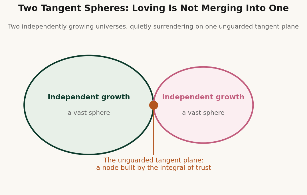 The contact plane is tiny (the unguarded tangent plane); the spheres themselves are vast (independent growth) — schematic
