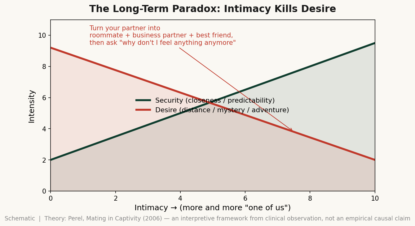 The long-term paradox: as intimacy and security rise, desire falls — schematic