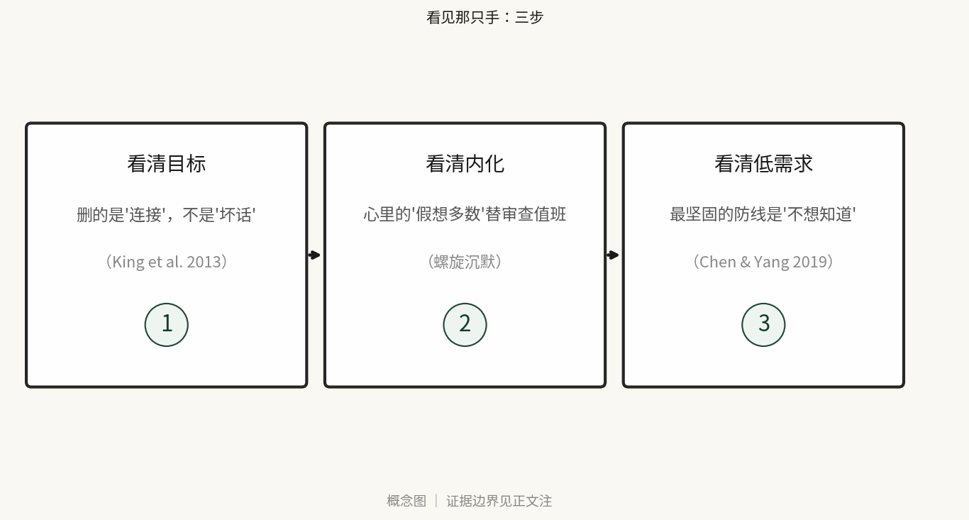 看见那只手：三步 —— 概念图 ｜ 证据边界见正文注