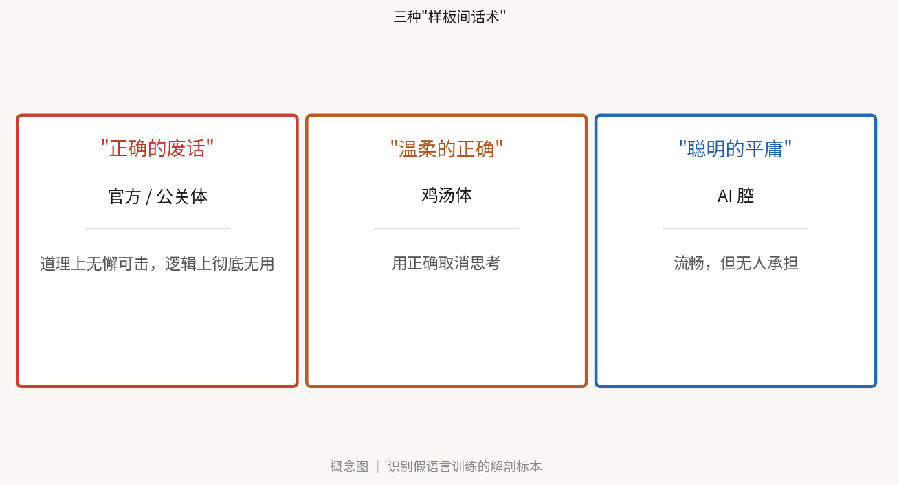 三种样板间话术 —— 概念图 ｜ 识别假语言训练的解剖标本