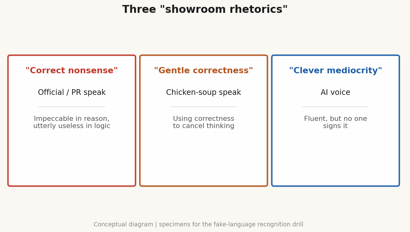 Three showroom rhetorics — conceptual diagram ｜ specimens for the fake-language recognition drill